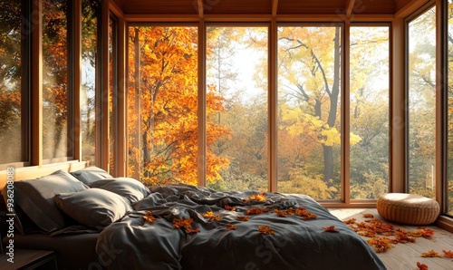 Scandinavian bedroom, light wood bed, warm blankets, panoramic windows, autumn foliage in warm tones photo