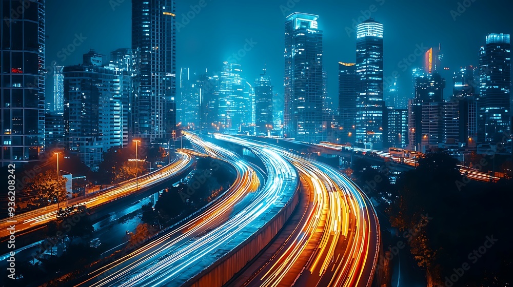 Fototapeta premium Night city skyline with traffic light trails, capturing dynamic motion and city life.