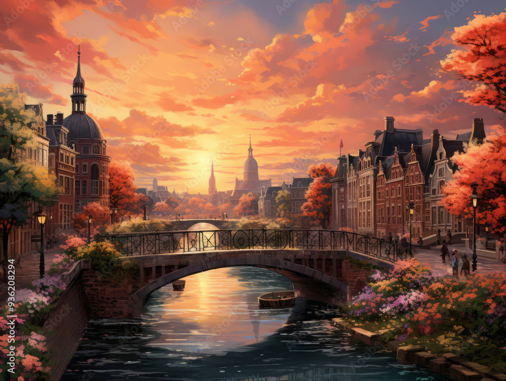 Obraz premium Eyecatching Amsterdam canal with boats and bicycles on a bridge