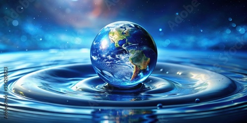 Fototapeta Naklejka Na Ścianę i Meble -  Blue planet earth encapsulated in a cosmic water droplet, showcasing the many worlds concept, planet, earth, blue, cosmic, water
