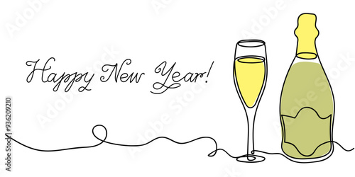 New Year celebration with champagne glass and bottle, highlighting joy and festivity