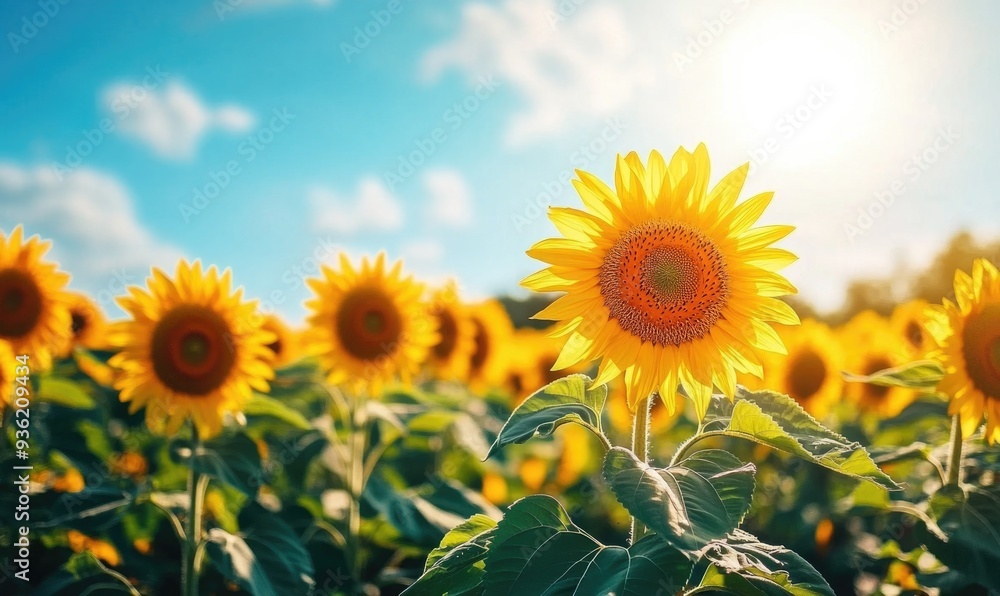 Fototapeta premium Rows of sunflowers, bright blooms