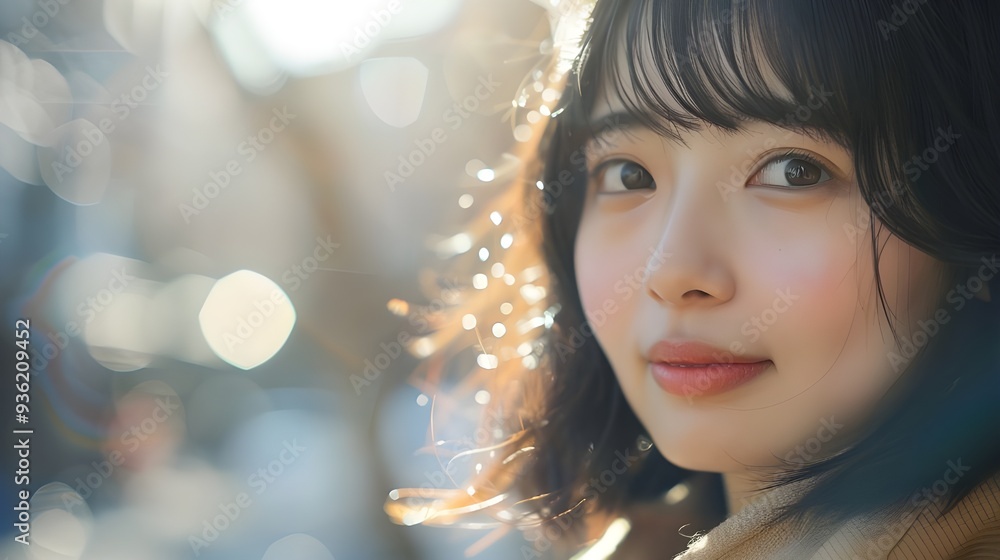 A candid close-up photo of a young cute Japanese woman smiling softly A candid close-up photo of a young cute Japanese woman smiling softly