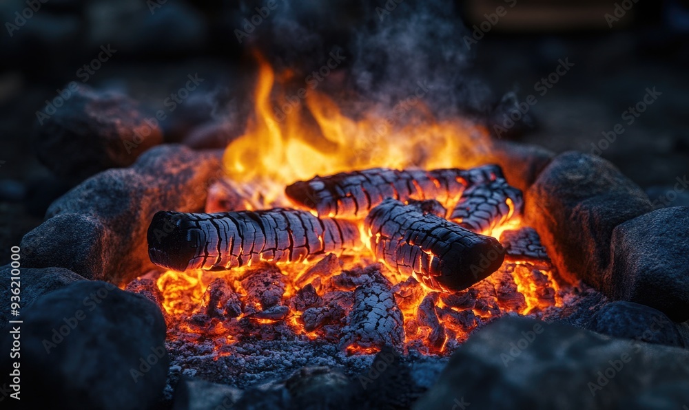 Fototapeta premium Fire blazing in a rustic wood-burning fireplace, glowing embers