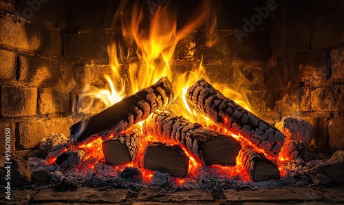 Fire blazing in a rustic wood-burning fireplace, glowing embers