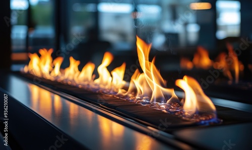 Flames burning brightly in a modern fireplace