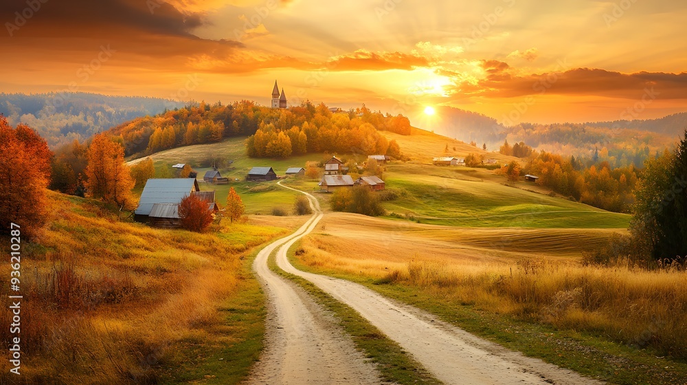 Obraz premium village in the distance with rolling hills full of autumn colors, a dirt road winding through, and a soft golden sunset illuminating the landscape