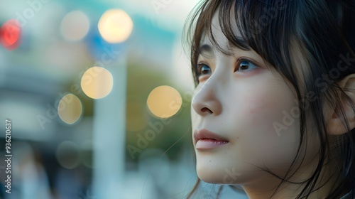 A close-up candid photo of a young cute Japanese woman looking thoughtfully into the distance photo