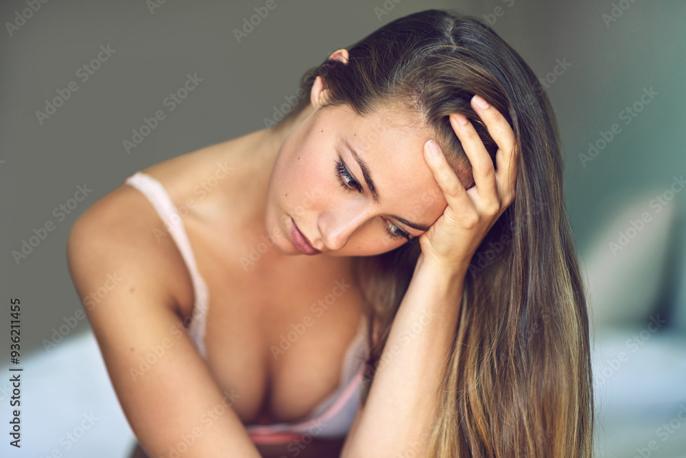 Tired, thinking or sad woman in bedroom with stress, depression or memory of trauma. Exhausted, disappointed or upset female person feeling lonely in home frustrated by anxiety, divorce guilt or fear Tired, thinking or sad woman in bedroom with stress, depression or memory of trauma. Exhausted, disappointed or upset female person feeling lonely in home frustrated by anxiety, divorce guilt or fear