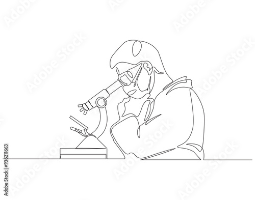 Continuous one line drawing of scientist using microscope in laboratory. One line drawing illustration of scientist with microscope. World science day concept line art. Editable outline.