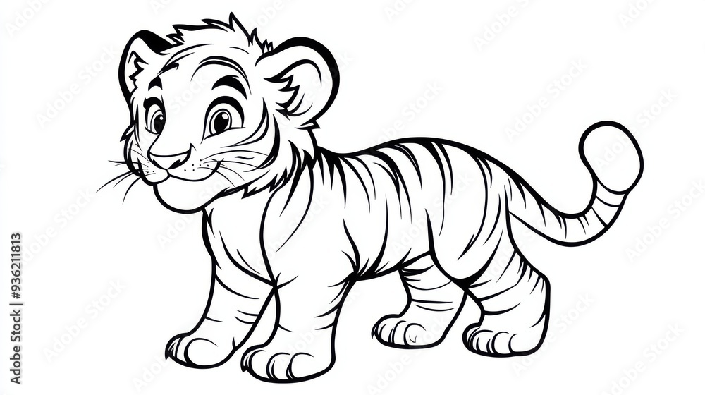 Outline illustration of a black and white tiger for drawing and coloring on white background Outline illustration of a black and white tiger for drawing and coloring on white background