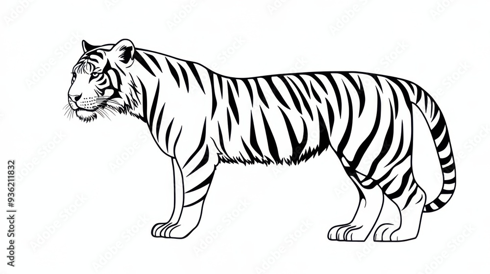 Naklejka premium Outline illustration of a black and white tiger for drawing and coloring on white background