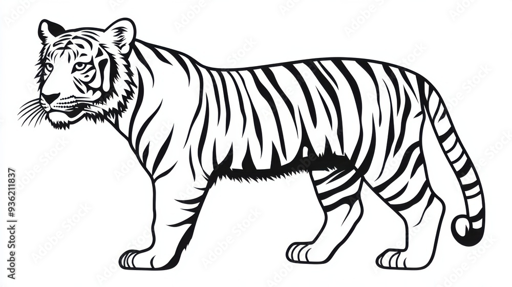 Obraz premium Outline illustration of a black and white tiger for drawing and coloring on white background