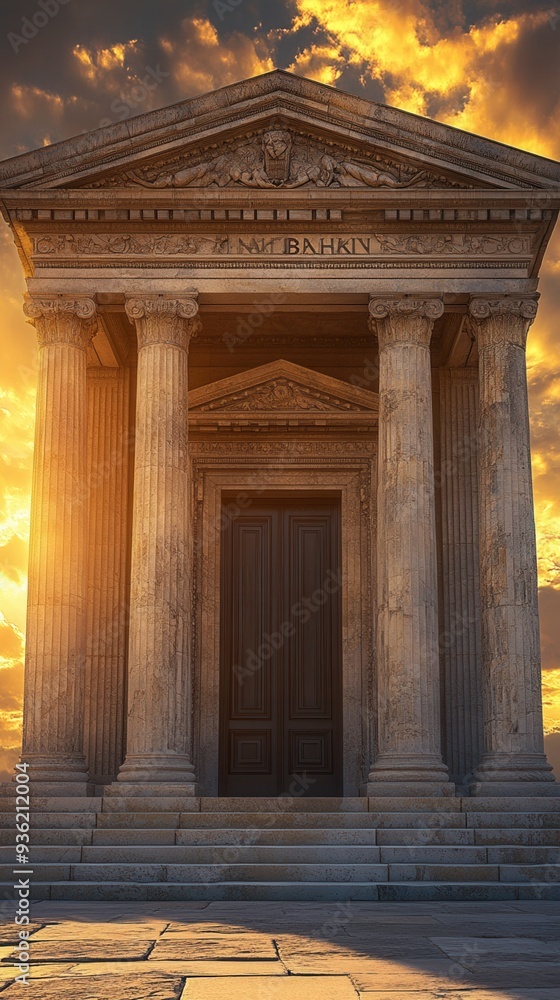 Fototapeta premium Ancient stone temple with towering columns and dramatic sunset sky, evoking a sense of history and grandeur.