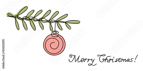 A festive Christmas ornament hanging from a green pine branch with a cheerful greeting