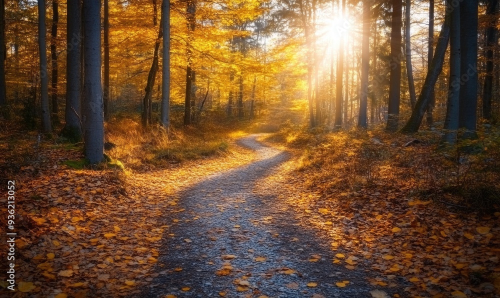 Fototapeta premium Path through the autumn forest, nature landscape