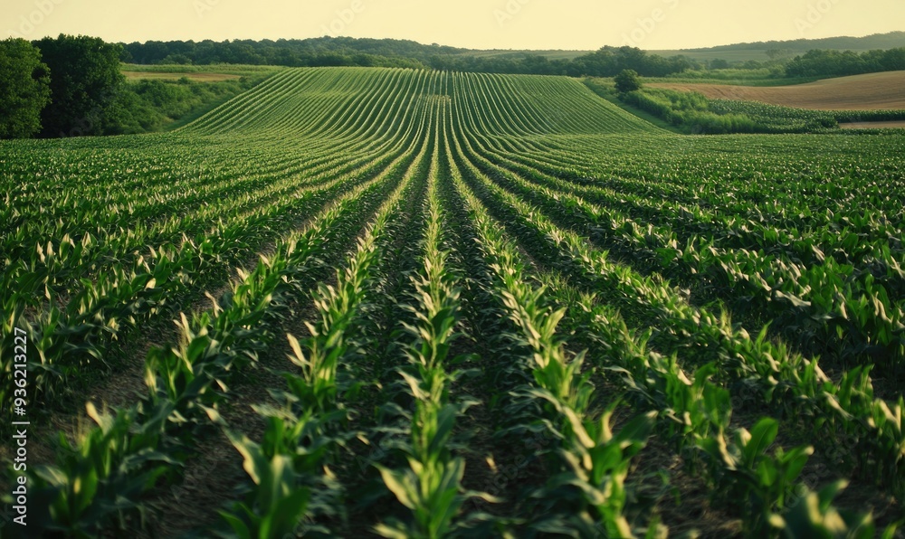 View on cornfield, green leaves, endless rows View on cornfield, green leaves, endless rows