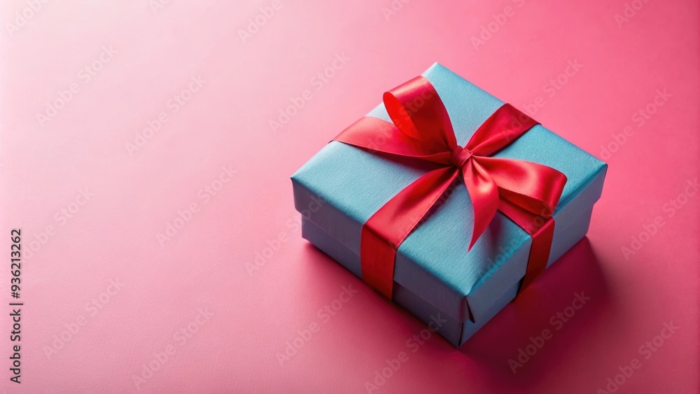 Blue gift tied with red ribbon on pink background, gift, blue, ribbon, red, pink, present, surprise, celebration, holiday Blue gift tied with red ribbon on pink background, gift, blue, ribbon, red, pink, present, surprise, celebration, holiday
