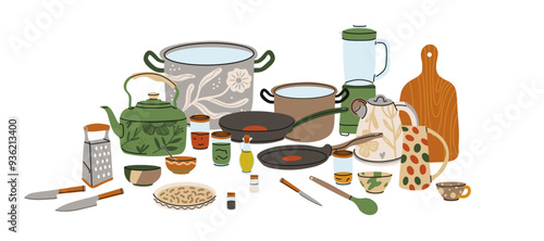 Kitchen utensils. Kitchenware tools and equipment. Frying pan, saucepan, knives and forks. Cutlery objects for food cooking modern contemporary crockery cartoon flat isolated vector illustration