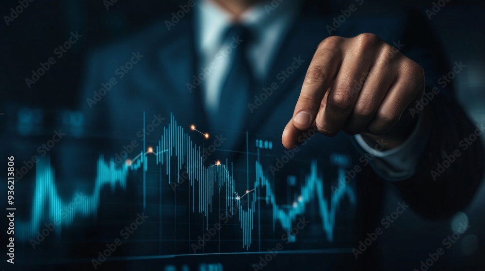 A businessman points to a graph of increasing financial indicators. A businessman points to a graph of increasing financial indicators.