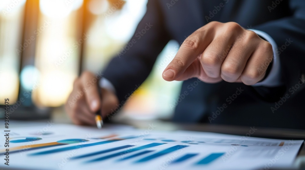 A businessman points to a graph that shows increasing profit. A businessman points to a graph that shows increasing profit.