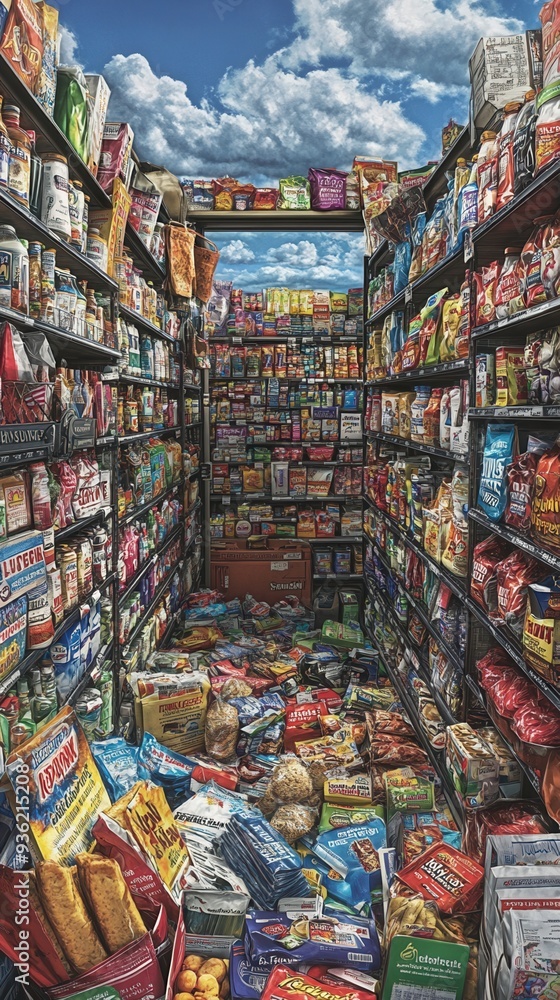 Fototapeta premium Crowded grocery store aisle with various food products scattered on the floor under a bright blue sky with clouds.
