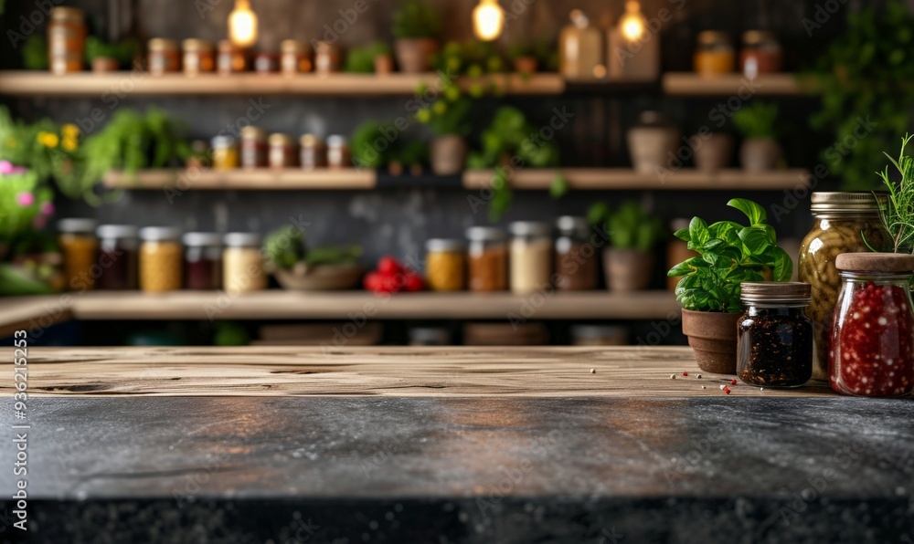 mockup Empty stone table against the blurred background of the modern kitchen or cellar with shelves on which there are cans of canned vegetables, mushrooms and jam. The concept of autumn harvesting. mockup Empty stone table against the blurred background of the modern kitchen or cellar with shelves on which there are cans of canned vegetables, mushrooms and jam. The concept of autumn harvesting.