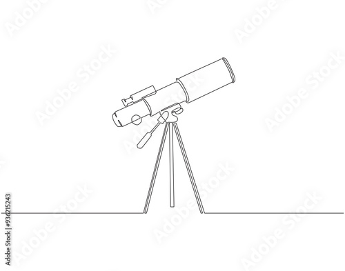 Continuous one line drawing of telescope. One line drawing illustration of telescope. World space day concept singe line. Editable outline.