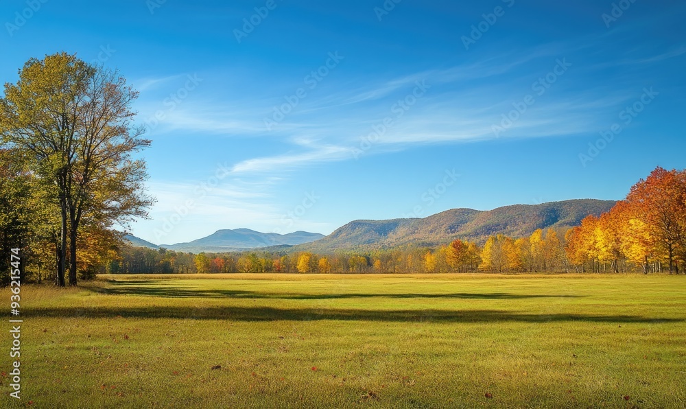 Fototapeta premium Autumn landscape with open field, colorful trees, distant mountains