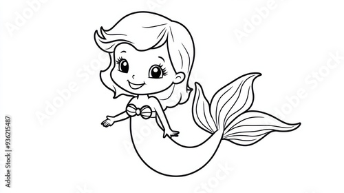 Outline illustration of a black and white mermaid for drawing and coloring on white background