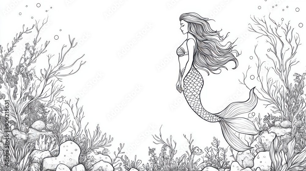 Fototapeta premium Outline illustration of a black and white mermaid for drawing and coloring on white background