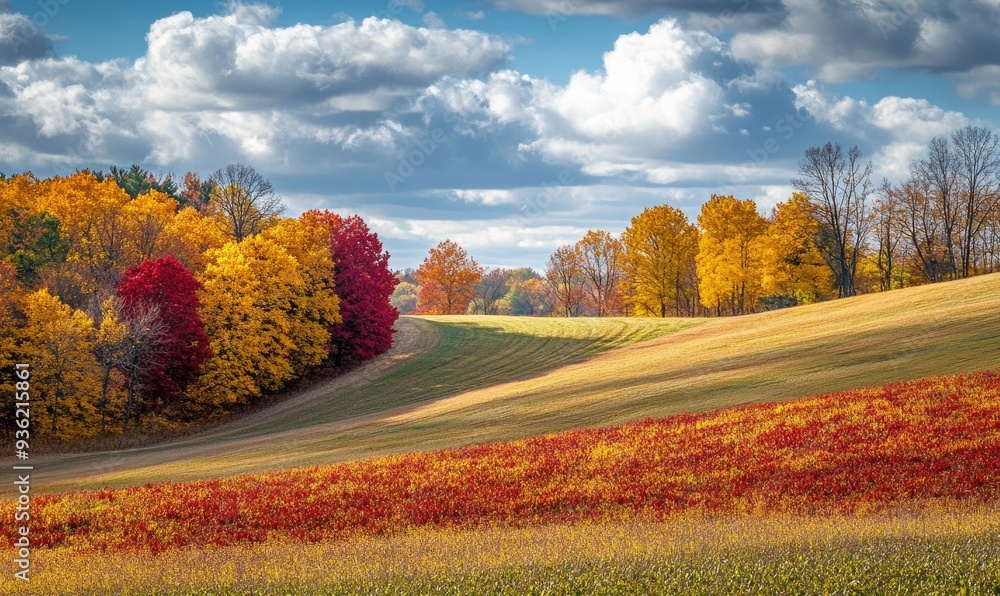 Naklejka premium Peaceful fall scenery, rolling hills, red and yellow leaves