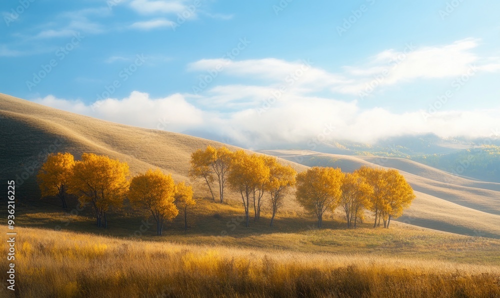 Fototapeta premium Autumn landscape, rolling hills, golden trees
