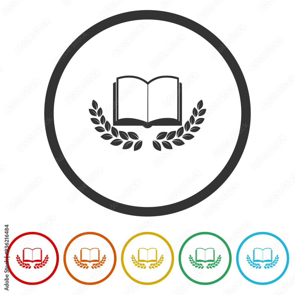 Laurel wreath with a book icon. Set icons in color circle buttons Laurel wreath with a book icon. Set icons in color circle buttons