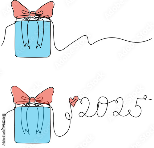 Decorative gift box with a ribbon and the year 2025 illustrated in a whimsical style