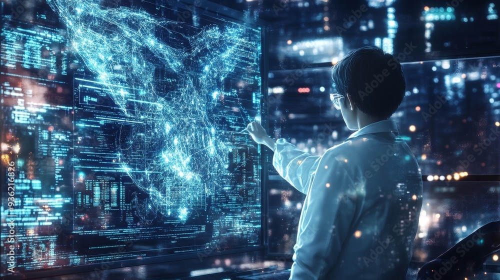 A man in a server room is observing the streams of data that surround him. A man in a server room is observing the streams of data that surround him.