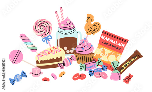 Sweets and candy. chocolate bars, caramel, toffee, different lollipop on sticks, marmalade bears. Confectionery shop elements. Christmas and birthday kids present cartoon flat isolated illustration
