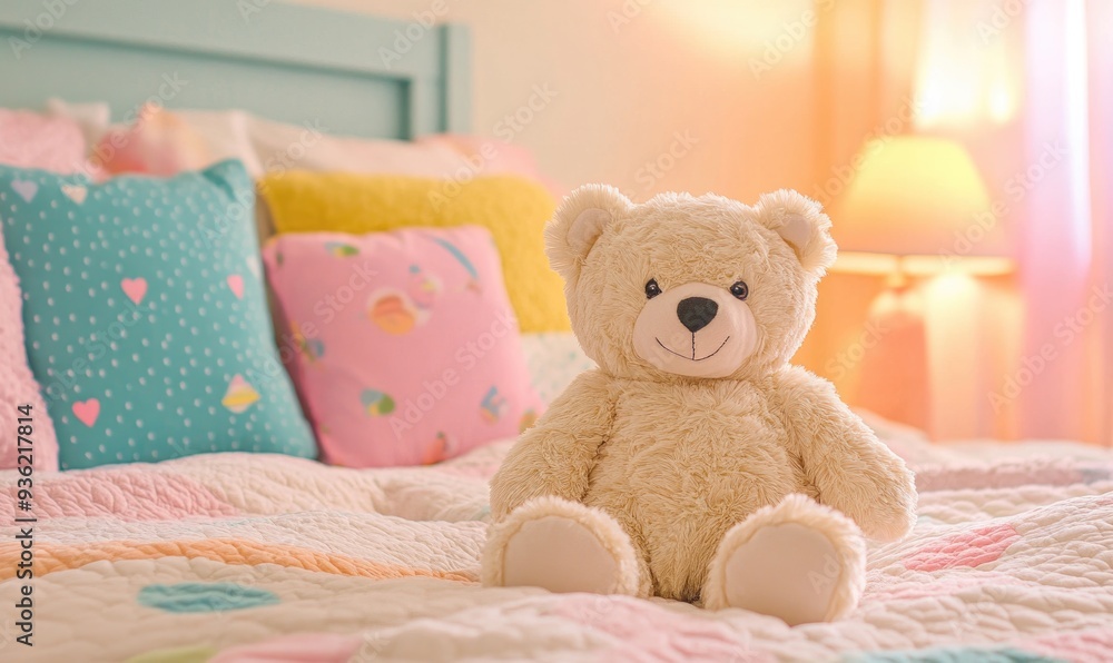 Plush bear sitting on bed, colorful pillows, cozy blankets Plush bear sitting on bed, colorful pillows, cozy blankets