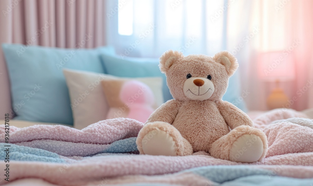 Plush bear sitting on bed, colorful pillows, cozy blankets Plush bear sitting on bed, colorful pillows, cozy blankets