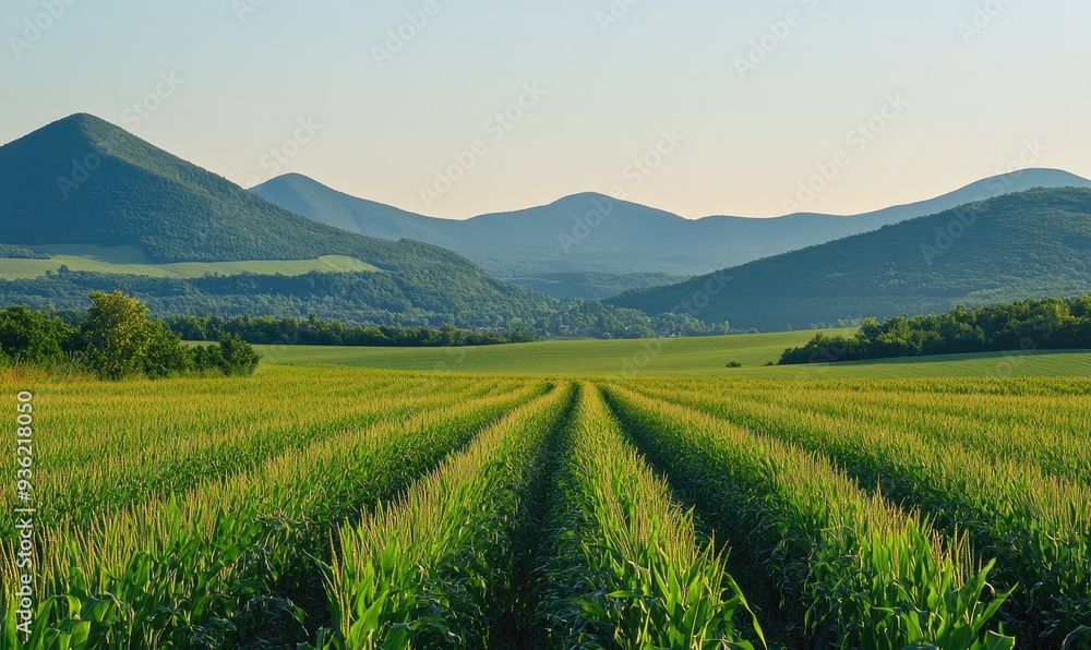 Obraz premium Rolling cornfields, lush green waves, distant mountains