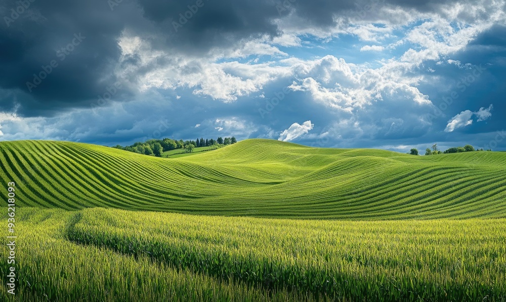 Rolling cornfields under dramatic skies, green waves Rolling cornfields under dramatic skies, green waves