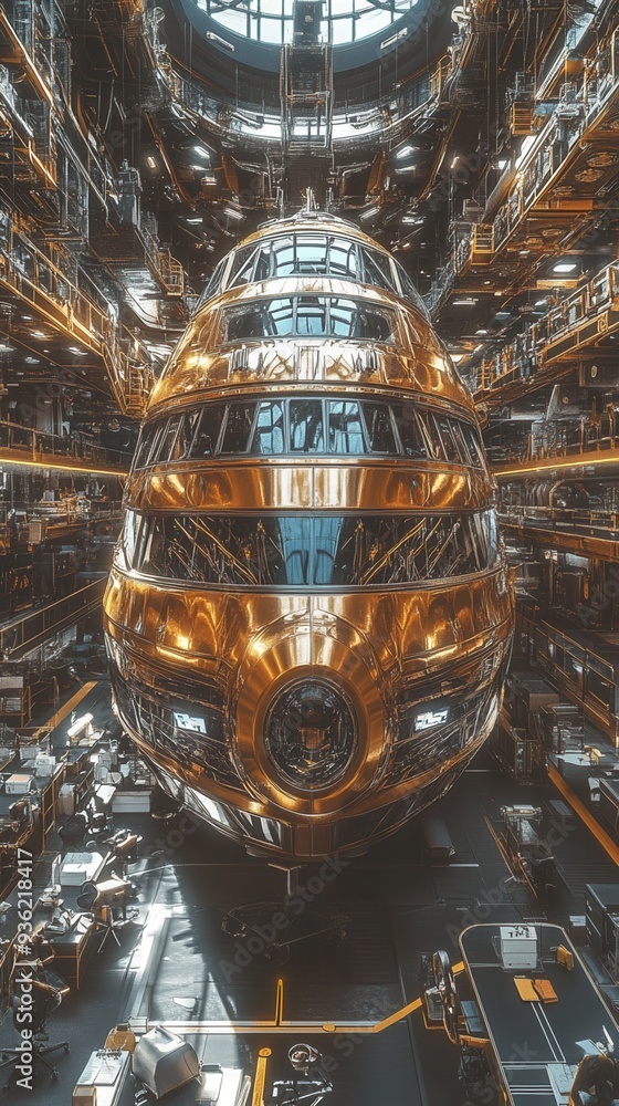 Futuristic spaceship in a vast, illuminated hangar showcasing advanced technology, metallic design, and sleek architecture, ready for space travel. Futuristic spaceship in a vast, illuminated hangar showcasing advanced technology, metallic design, and sleek architecture, ready for space travel.