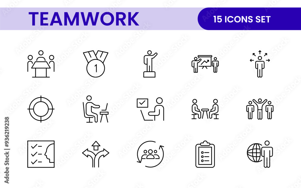 Teamwork linear icons collection. Set of coworking space icons. Business teamwork, team building, work group, and human resources minimal thin line web icon set. Teamwork linear icons collection. Set of coworking space icons. Business teamwork, team building, work group, and human resources minimal thin line web icon set.