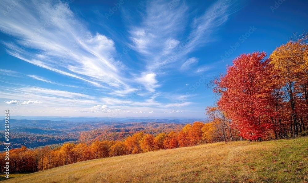 Scenic fall scenery, open field, colorful trees, distant mountains Scenic fall scenery, open field, colorful trees, distant mountains