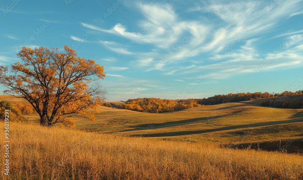 Scenic fall scenery, open field, colorful trees, distant mountains Scenic fall scenery, open field, colorful trees, distant mountains