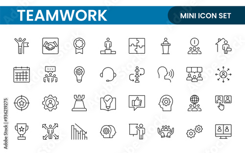 Teamwork linear icons collection. Set of coworking space icons. Business teamwork, team building, work group, and human resources minimal thin line web icon set.