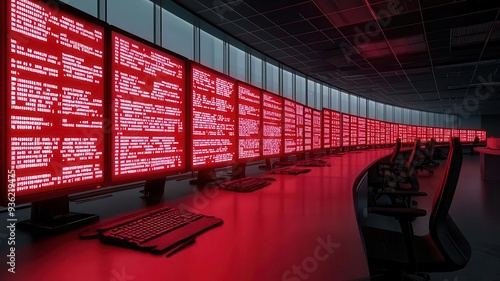 Red alert screens with distorted error messages flashing in a dimly lit room, digital illustration, emergency cyberattack response