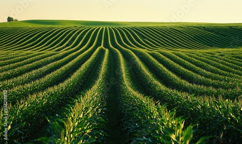 Serene cornfield, endless rows, lush green, soft breeze