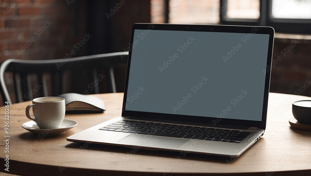 Laptop with a blank screen on a table Laptop with a blank screen on a table