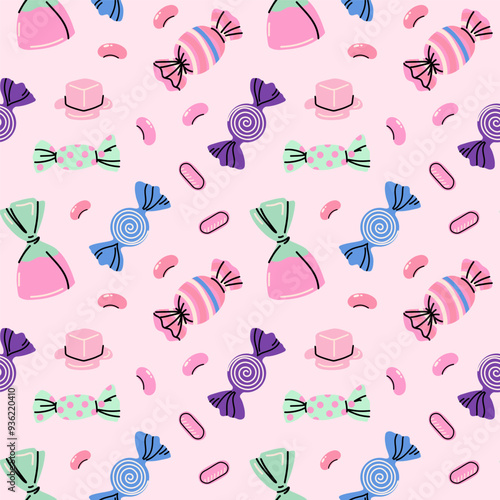 Sweets and candy seamless pattern. Chocolate, different lollipop, marmalade. Confectionery textile, wrapping paper, wallpaper design. Print christmas and birthday kids present cartoon flat background